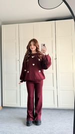 Beyaz Minik Kalp İşlemeli Bordo Triko Takım 