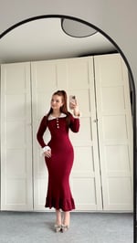 Beyaz Yaka Fırfırlı Triko Elbise Bordo
