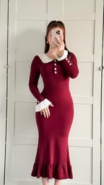 Beyaz Yaka Fırfırlı Triko Elbise Bordo