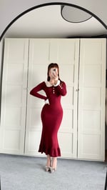 Beyaz Yaka Fırfırlı Triko Elbise Bordo