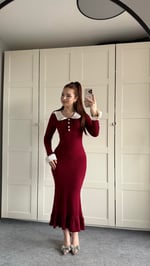 Beyaz Yaka Fırfırlı Triko Elbise Bordo