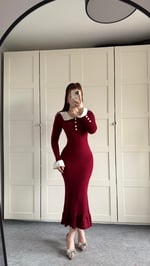 Beyaz Yaka Fırfırlı Triko Elbise Bordo