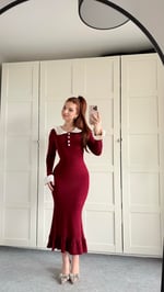 Beyaz Yaka Fırfırlı Triko Elbise Bordo