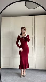Beyaz Yaka Fırfırlı Triko Elbise Bordo