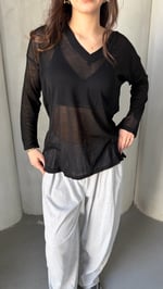 Bol Oversize Transparan Triko V Yaka Siyah