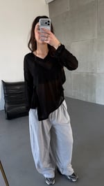 Bol Oversize Transparan Triko V Yaka Siyah