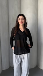Bol Oversize Transparan Triko V Yaka Siyah