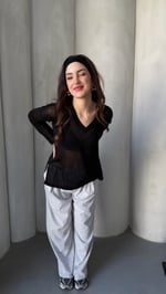 Bol Oversize Transparan Triko V Yaka Siyah