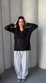 Bol Oversize Transparan Triko V Yaka Siyah
