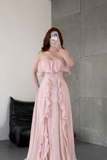 Butterfly Fırfırlı Abiye Pudra