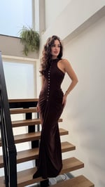 Büzgü Düğme Detay Sandy Elbise Kahverengi 