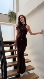Büzgü Düğme Detay Sandy Elbise Kahverengi 