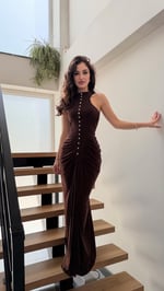 Büzgü Düğme Detay Sandy Elbise Kahverengi 