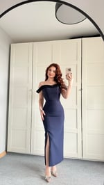 Çiçekli Yaka Midi Boy Abiye Lacivert