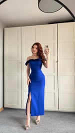Çiçekli Yaka Midi Boy Abiye Saks