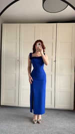 Çiçekli Yaka Midi Boy Abiye Saks
