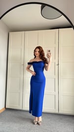 Çiçekli Yaka Midi Boy Abiye Saks