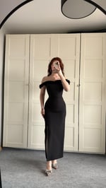 Çiçekli Yaka Midi Boy Abiye Siyah