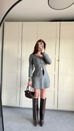 Çift Fermuar Ceket Triko Etek Takım Gri