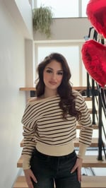 Çizgili Belden Oturmalı Sweat Bluz Kahverengi