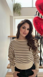 Çizgili Belden Oturmalı Sweat Bluz Kahverengi