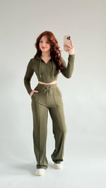 Crop Balenli Eşofman Takım Haki