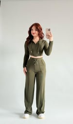 Crop Balenli Eşofman Takım Haki