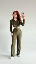 Crop Balenli Eşofman Takım Haki