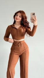 Crop Balenli Eşofman Takım Kahverengi