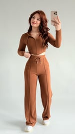 Crop Balenli Eşofman Takım Kahverengi
