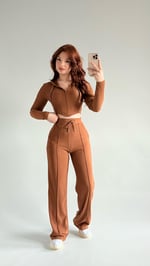 Crop Balenli Eşofman Takım Kahverengi
