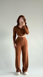 Crop Balenli Eşofman Takım Kahverengi
