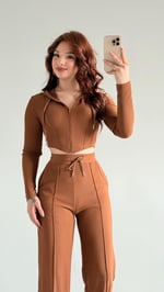 Crop Balenli Eşofman Takım Kahverengi