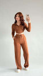 Crop Balenli Eşofman Takım Kahverengi