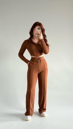 Crop Balenli Eşofman Takım Kahverengi