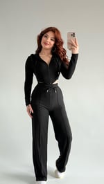 Crop Balenli Eşofman Takım Siyah