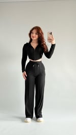 Crop Balenli Eşofman Takım Siyah