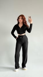 Crop Balenli Eşofman Takım Siyah