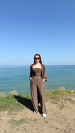 Crop Pantolon Hırka Takım Kahverengi 