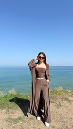 Crop Pantolon Hırka Takım Kahverengi 