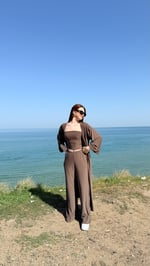 Crop Pantolon Hırka Takım Kahverengi 