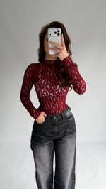 Dantel Balıkçı Transparan Bluz Bordo