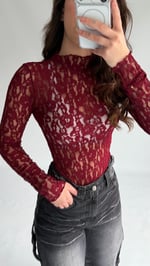 Dantel Balıkçı Transparan Bluz Bordo