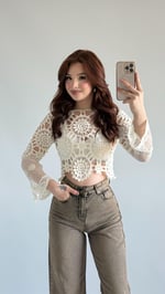 Dantel İşleme Crop Ekru