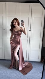 Degaje Saten İp Askılı Abiye Bronz Kahve Abiye