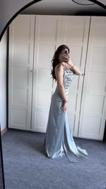 Degaje Saten İp Askılı Abiye Gümüş Gri Abiye