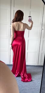 Degaje Saten İp Askılı Abiye Kırmızı Abiye