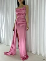 Degaje Saten İp Askılı Abiye Pembe Abiye
