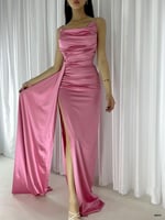 Degaje Saten İp Askılı Abiye Pembe Abiye