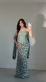 Deniz Kızı Balık Fularlı Abiye Su Yeşili